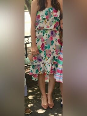 Izzy & Lola White Floral High-Low Dress with Pink, Purple & Green Print